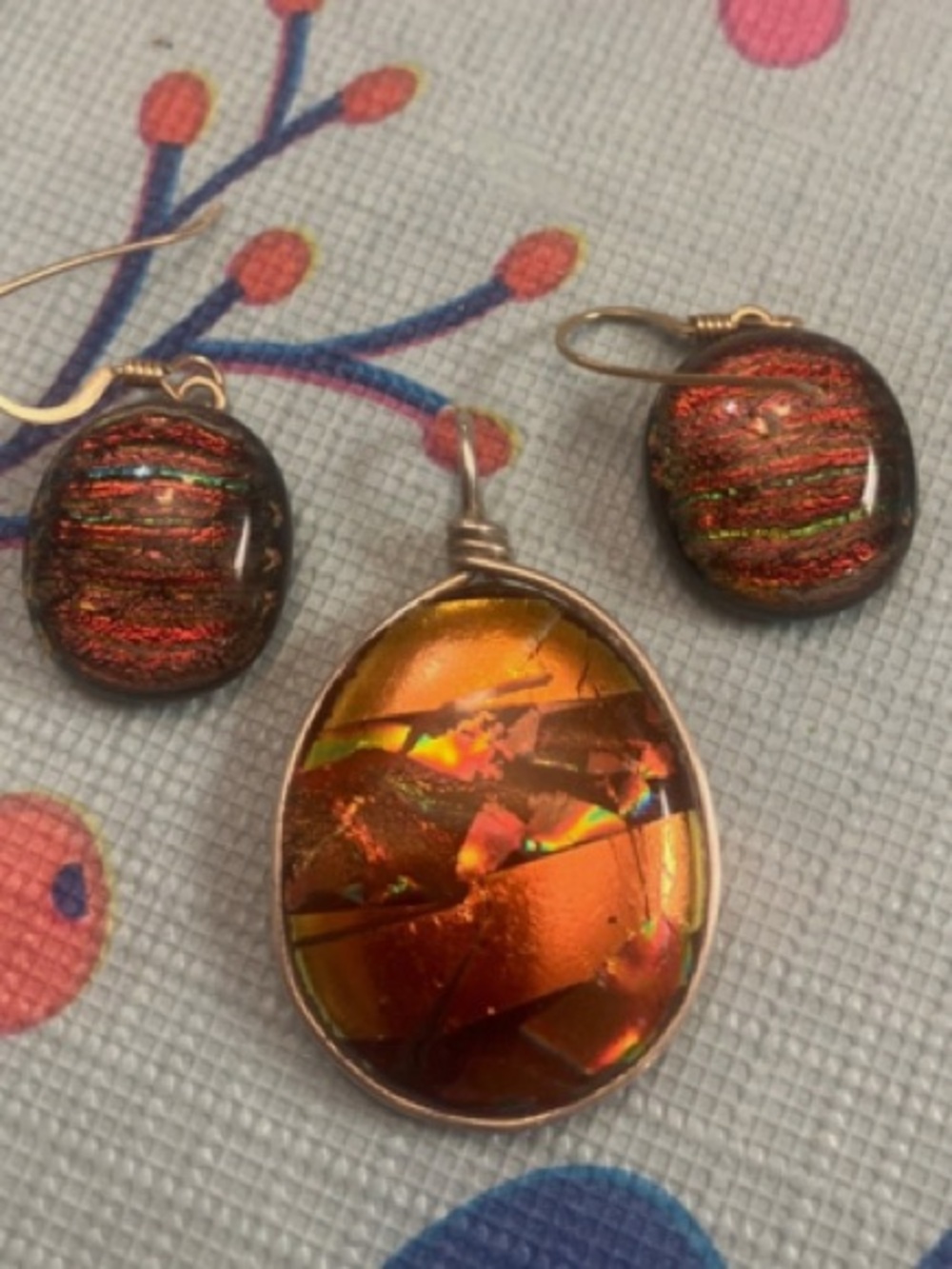 Rare Gold-Orange Dichroic Glass Pendant and Earrings Set. Art glass